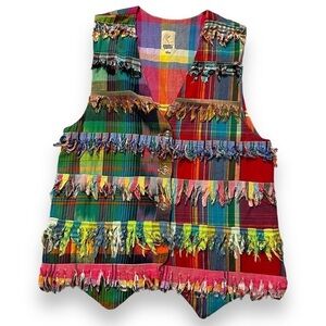 Paula Sweet Fringed Vest Medium Art to wear Plaid Hippie Boho Vintage USA Made